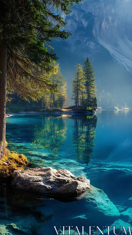 High-clarity alpine lake with refractive water and layered forest depth