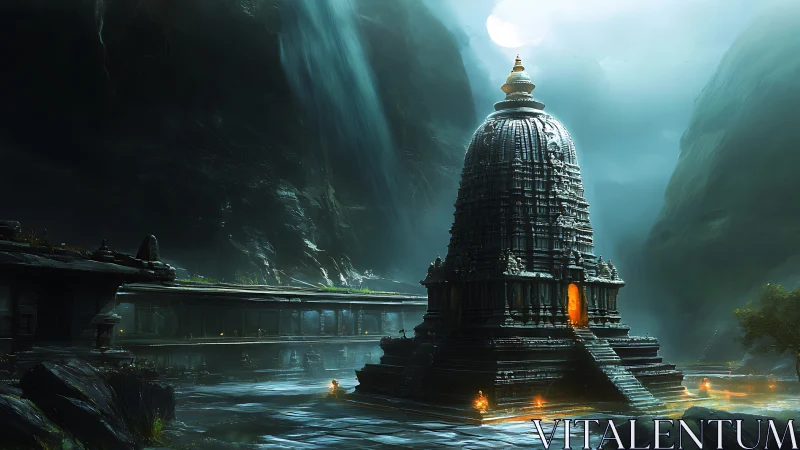 Luminescent monolithic temple under cascading mistfalls.