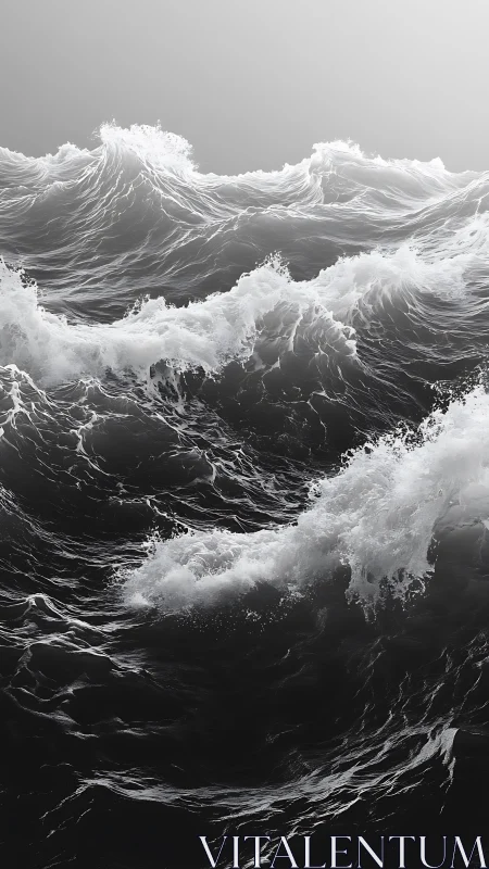 Monochrome ocean waves rise sharply under overcast light