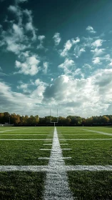 Empty football field under dramatic cloud-filled sky at noon.