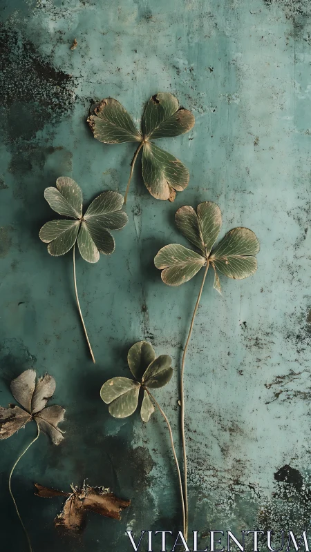 Dried clover leaves rest on distressed teal painted surface
