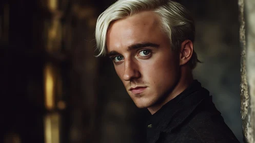 Blond young man portrait in moody low key light closeup.