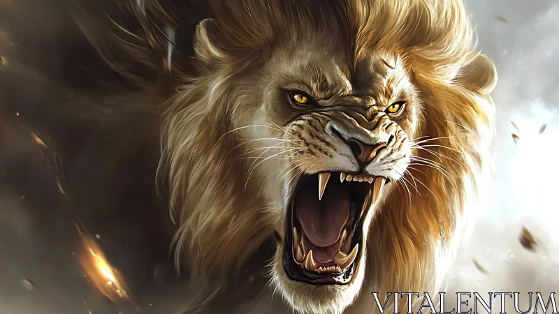Roaring lion head in close frontal digital rendering.
