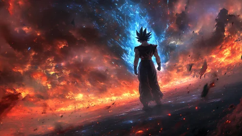 Cosmic-scale energy duel with silhouetted anime combatant.