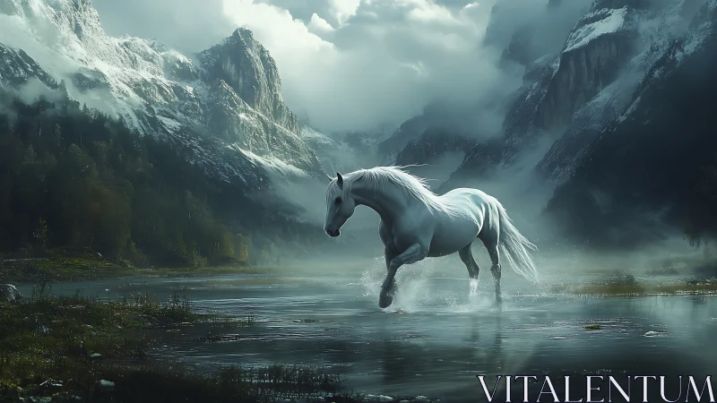 White horse crossing shallow water in alpine valley scene.