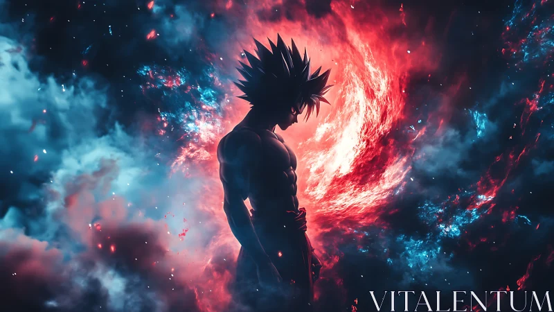 Silhouetted anime warrior confronts swirling cosmic inferno