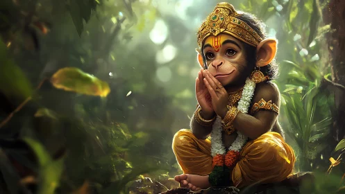 Divine baby monkey deity in ornate gold regalia, forest bokeh