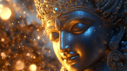 Bimodal luminous deity sculpture under cinematic bokeh field.