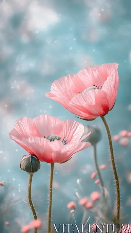 Pink Poppies Bathed in Ethereal Turquoise Light