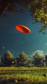 Orange flying disc moves above grass under clear sky