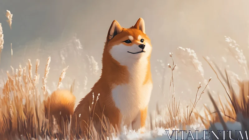 Shiba inu dog standing in warm light among tall dry grass.
