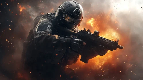 Tactical soldier charges forward through explosive battlefield fire