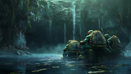 Mutant turtle squad positioned in a misted cavern pool.