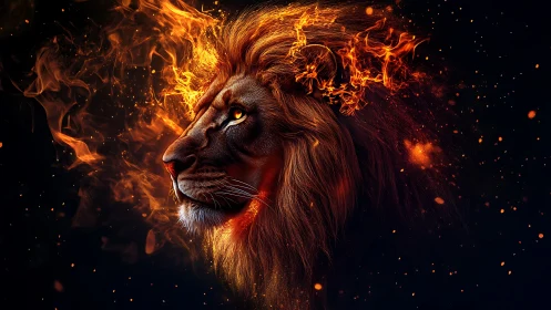 Majestic fiery lion glowing softly in the night sky.