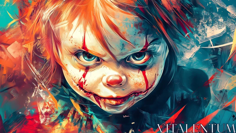 Paint-slashed demon doll grins through fractured neon chaos