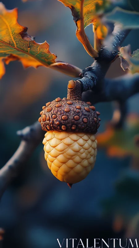 Golden macro study of textured acorn on autumn oak branch.