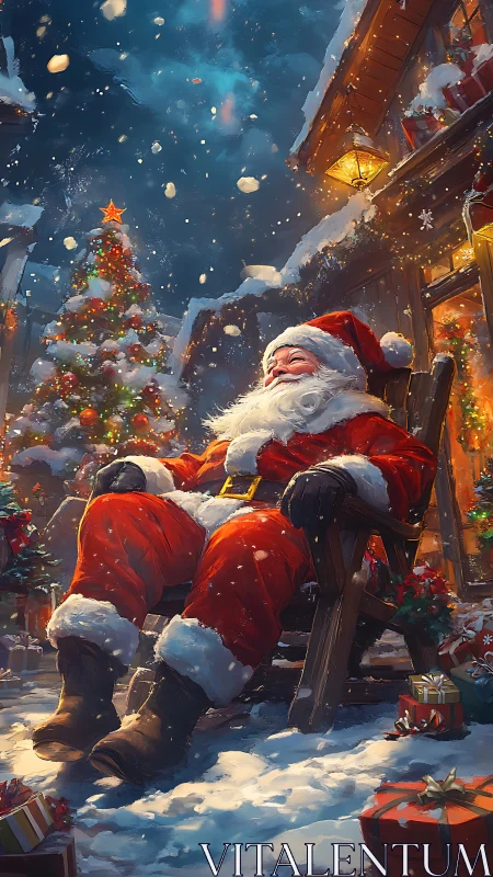 Digital painting of resting Santa in snowy village courtyard.