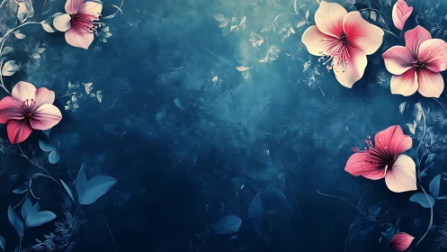 Pink and cream flowers against dark teal textured background.