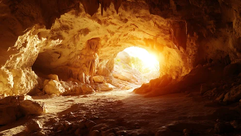 Golden sunlight spilling into a quiet rocky cave sanctuary.