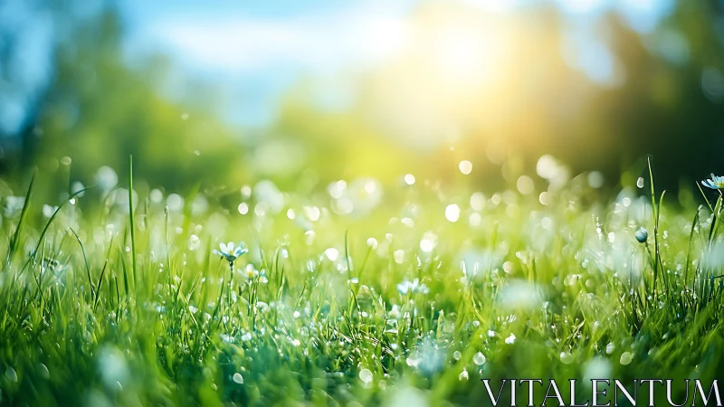 Dewlit meadow daydream under a softly flaring sunrise.