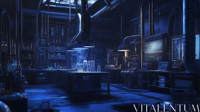 Dim blue sci fi laboratory interior with workstations.