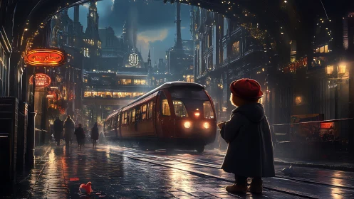 Child in red coat observes futuristic train in rainy city.