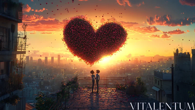 Lovers' Heart Ascends Above Neon Urban Skyline.