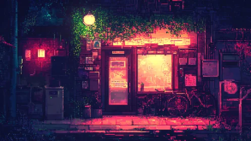 Neon storefront glows against dark alley pixel cityscape