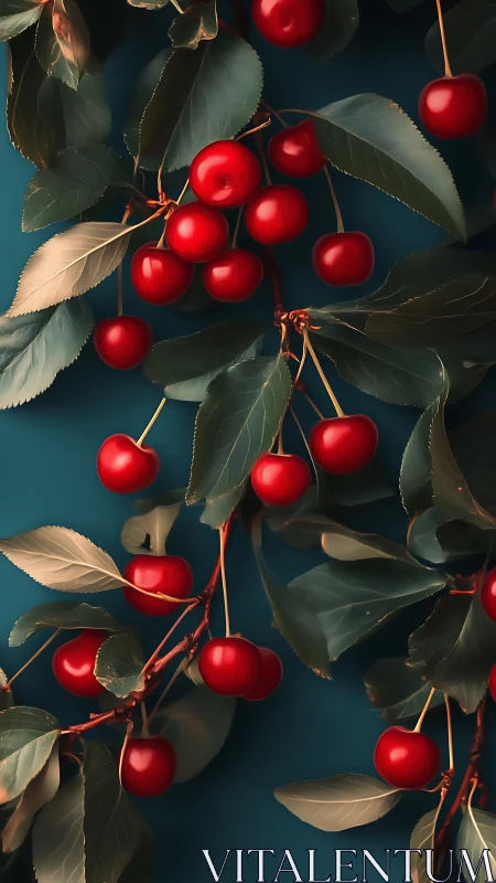 Red cherry clusters on leafy branches against teal backdrop.
