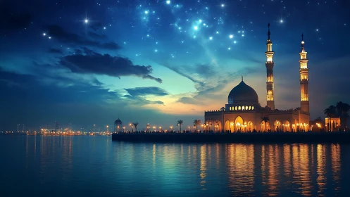 Starlit mosque skyline over calm waterfront at twilight.