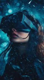 Woman immersed in virtual reality headset, blue light storm.