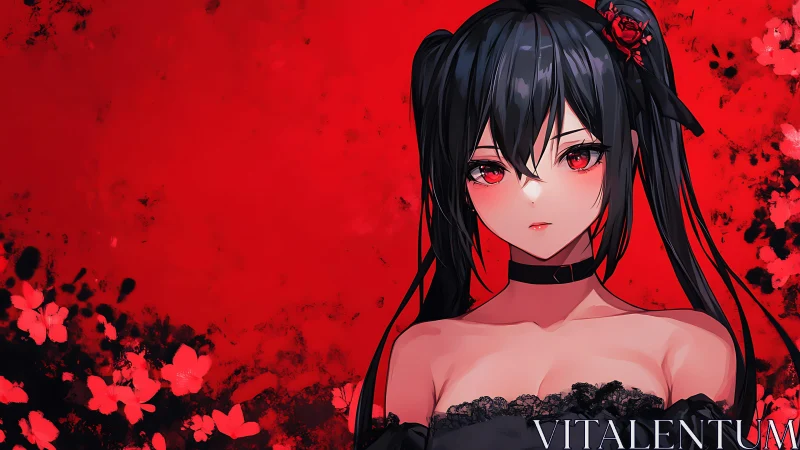 Crimson-haired gothic anime girl amid abstract red bloom.