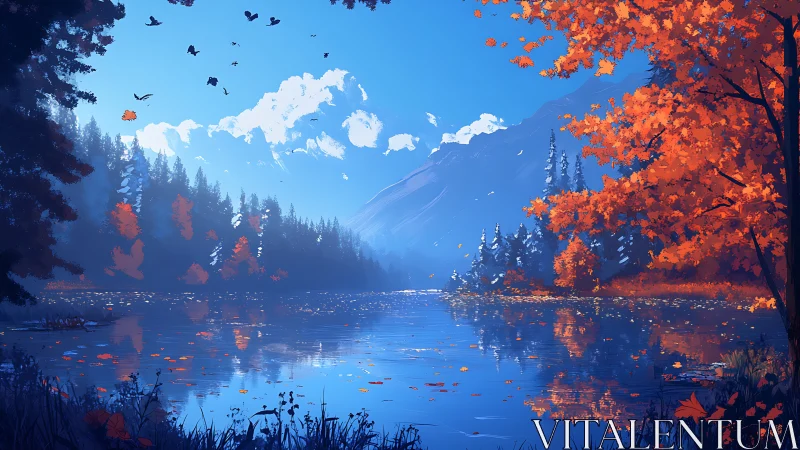 Golden autumn lake under bright mountain skies.