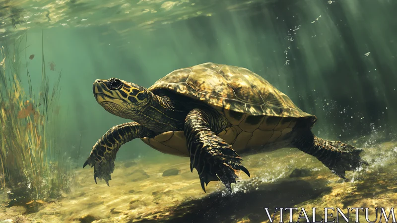 Freshwater turtle swimming through sunlit riverbed scene.