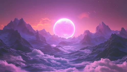 Luminescent pink moon backlights jagged alien mountain range