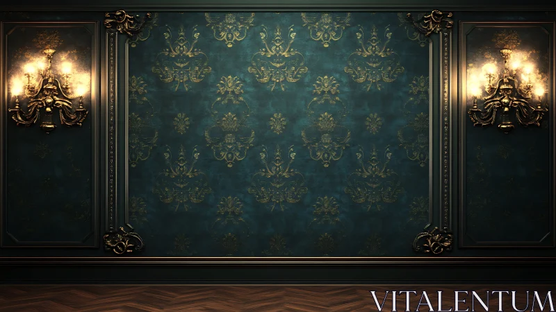 Luxurious teal wall with ornate gold sconces and molding.