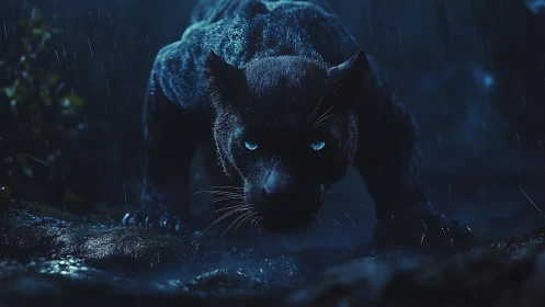 Black Panther in Rain With Glowing Eyes.