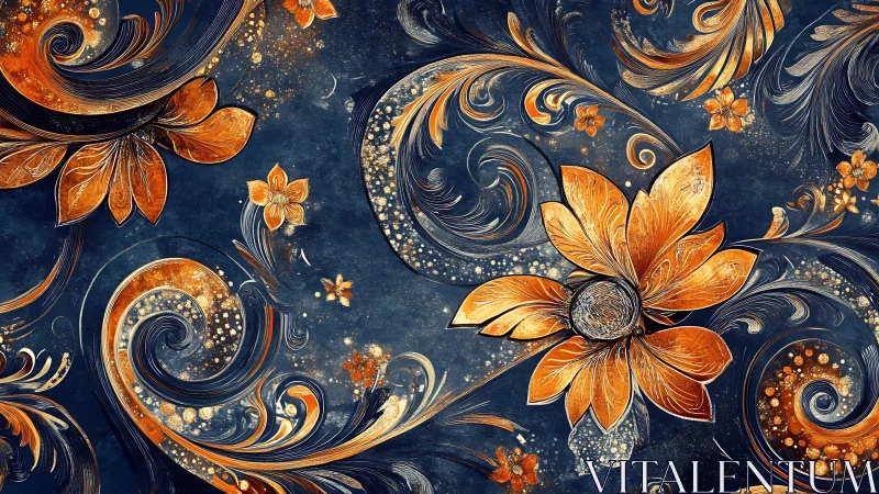 Golden floral swirls drifting across deep midnight blue.