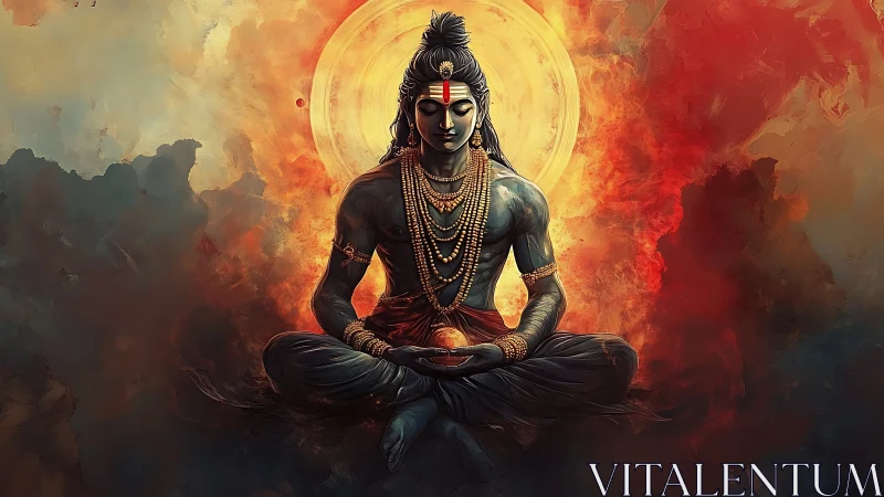 Meditative blue deity before radiant solar halo in clouds