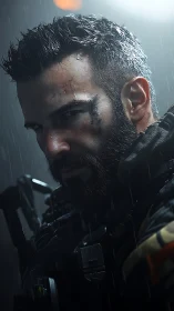 Storm-soaked tactical soldier gazes ahead with gritty resolve