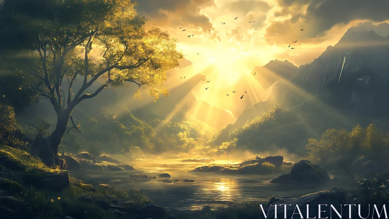 Sunrise carves golden rivers of light through misty valley