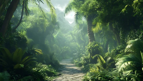 Ethereal Jungle Pathway: Luminescent Rainforest Canopy with Misty Atmospheric Depth.