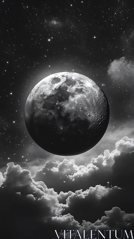 Luminous moon hangs above clouds in a star-swept sky.