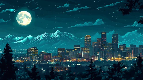 Digital night cityscape with alpine skyline and full moon glow.