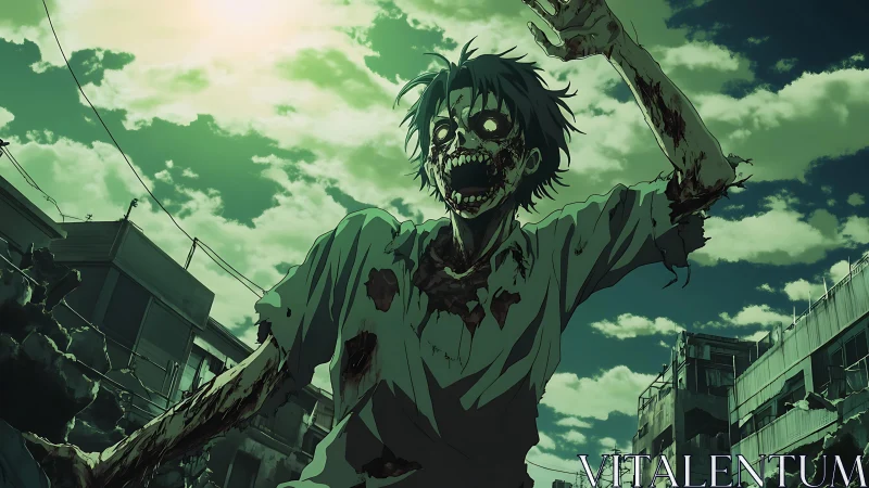 Sunlit zombie shambles screaming through emerald urban ruins