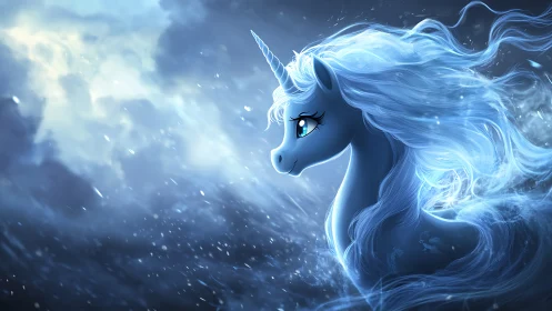 Luminous ice-blue unicorn portrait with flowing spectral mane.