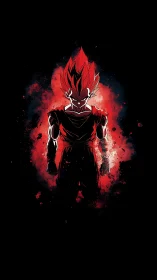 Silhouetted anime warrior stands in red energy burst field