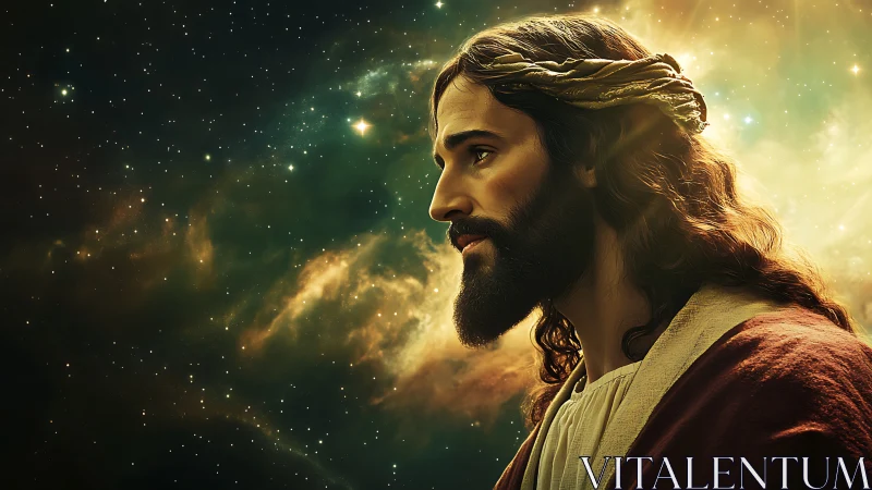 Profile portrait of robed man before luminous cosmic nebula