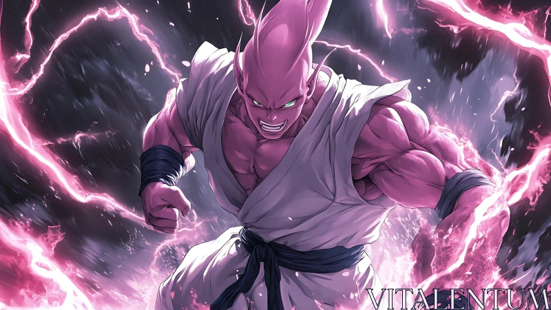 Pink energy warlord in dynamic anime lightning field.