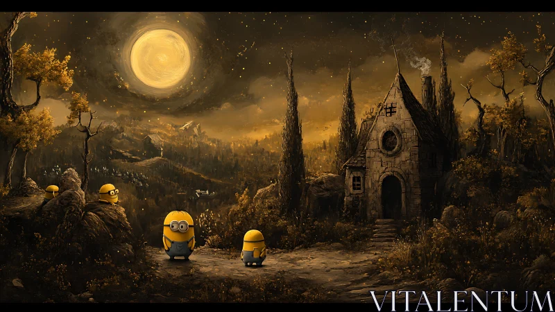 Moonlit forest cottage with curious yellow explorers.